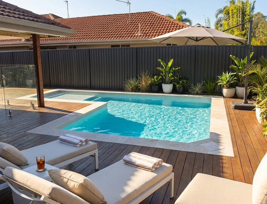 Beautiful pool with timber deck and sunbeds